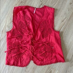Free People Red Eyelet Lace-Up Blouse